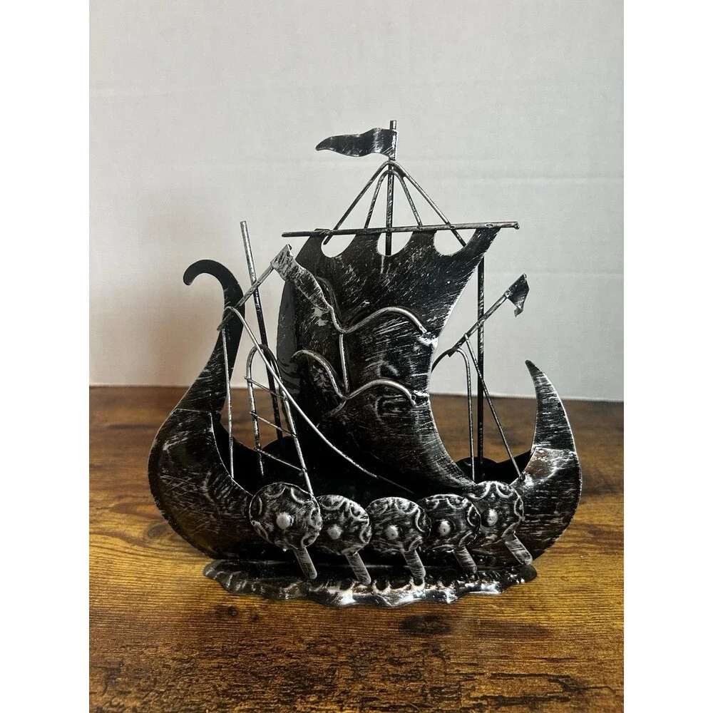 Vintage Black Metal Viking Ship Sculpture Nordic Dragon Boat Home Decor 9.5 Inch